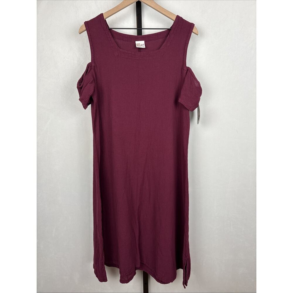 NEW Oh My Gauze Cold Shoulder Dress Women's 2 L/XL Burgundy Lagenlook Minimalist